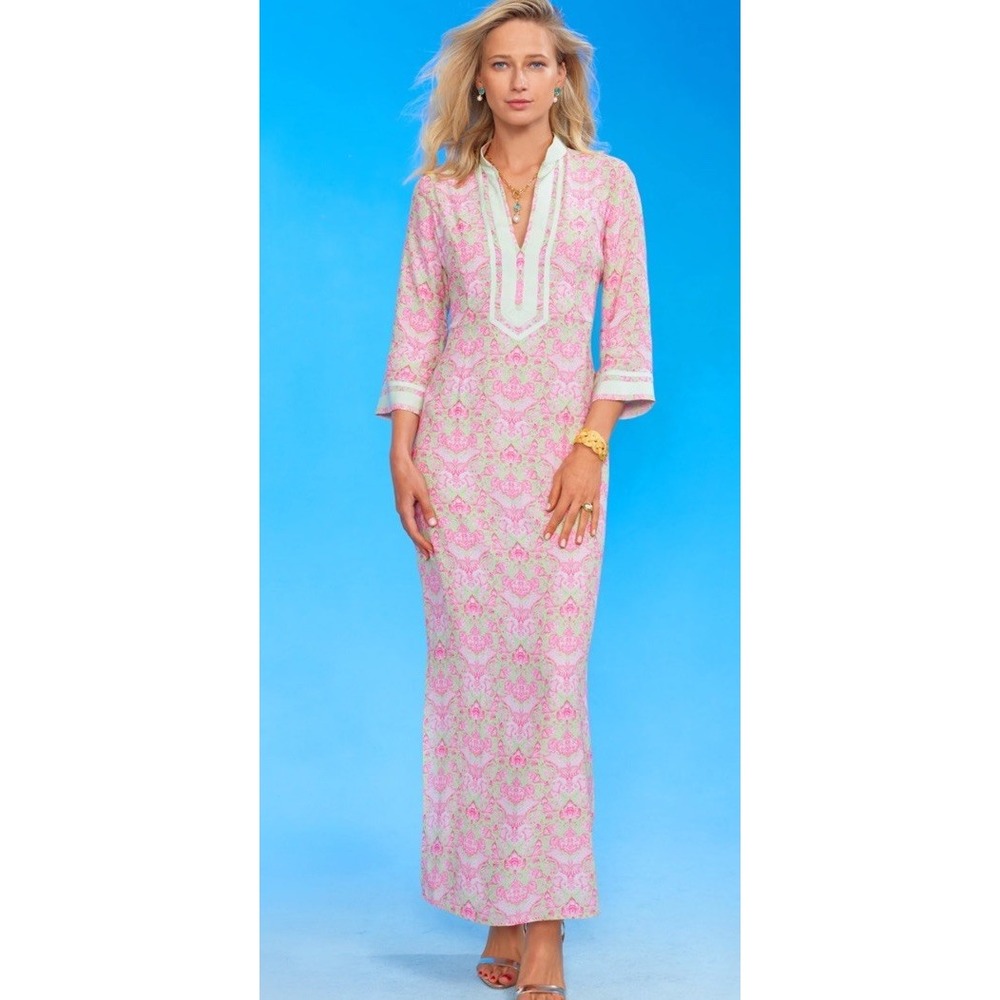 NicoBlu Capri Long Tunic Dress in Shalimar Mint & Pink Delicate Fern Print SZ 16